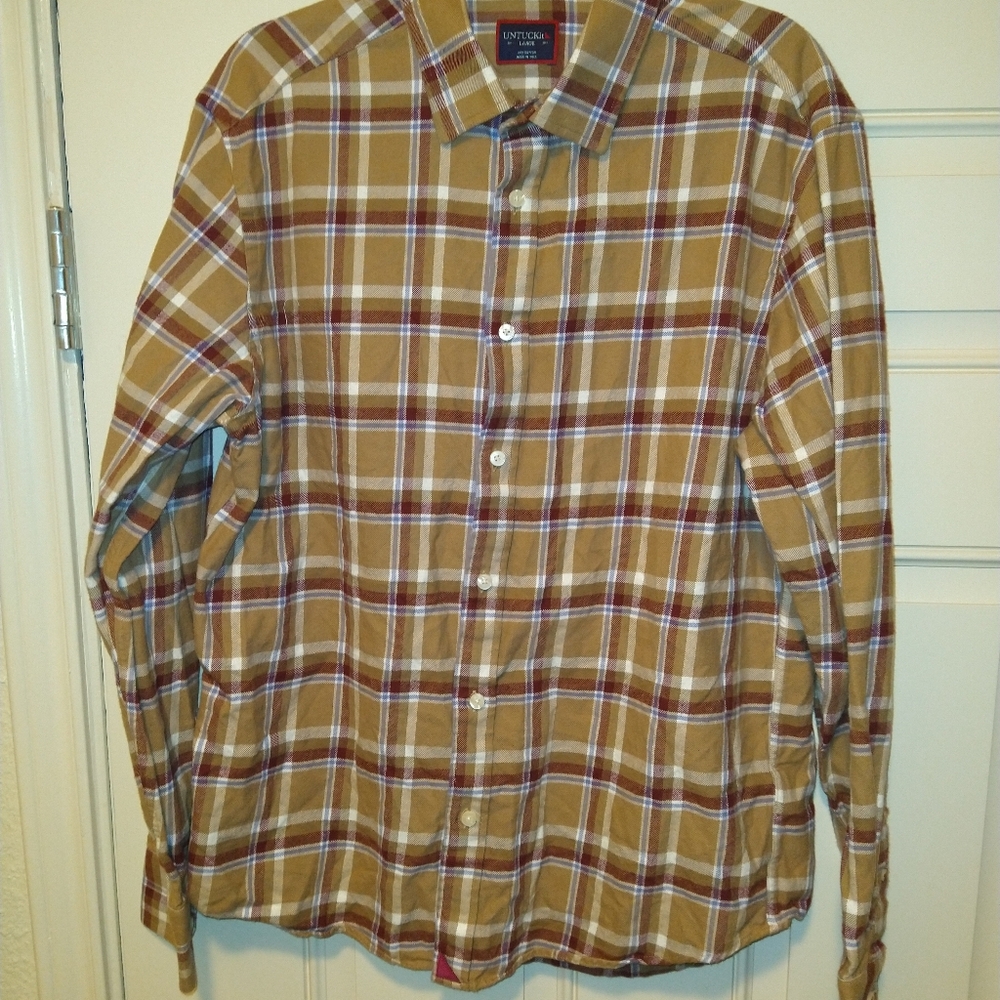 UNTUCKit Scherrer Regular Fit Tan Plaid Flannel Long Sleeve Shirt Men's sz Large